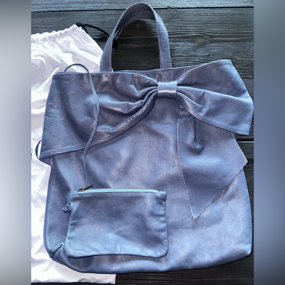 Red Valentino Blue Bow Tote shoulder bag with attached pouch.